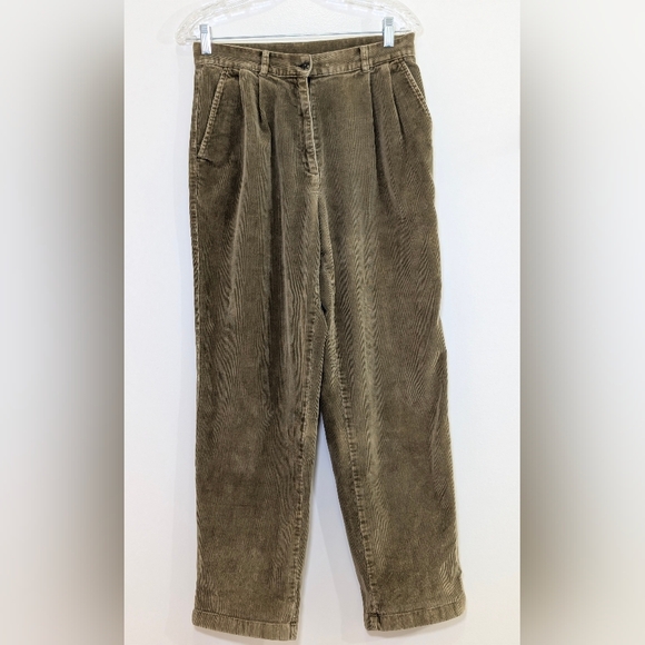 L.L.Bean Olive Pleated Corduroy Pants High Rise Straight Leg Vintage Workwear 8 - Picture 2 of 6